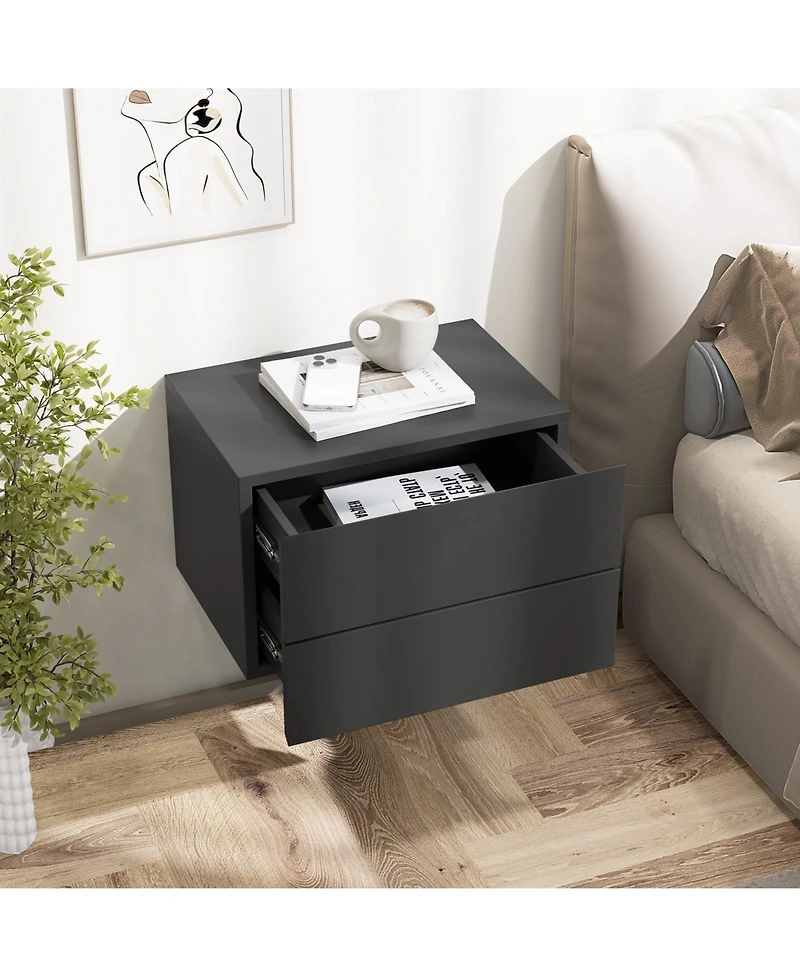 Floating Nightstand with Drawers and Storage Shelf