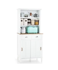 Freestanding Kitchen Pantry with Hutch, Sliding Door, and Drawer Stylish Storage for Kitchen Organization