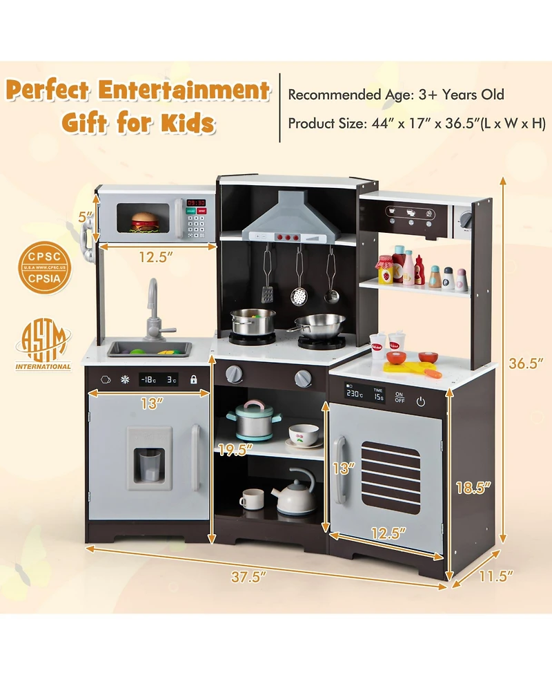 Pretend Play Wooden Kitchen Toy Set with Range Hood Real Sounds and Lights for Kids