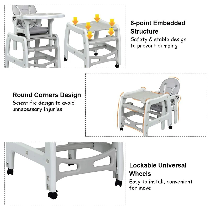 Gouun 3-in-1 Baby High Chair with Lockable Universal Wheels