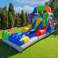 HeroKiddo 12FT Block Party Dual Lane Backload Inflatable Water Slide with Attached Pool & Air Blower, Commercial Grade, Pvc Vinyl, Outdoor Play, Backy