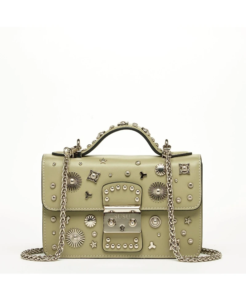 Susu Women s Sage Green Studded Crossbody Bag Designer Shoulder Purse with Chain Strap and Top Handle, Statement Handbag with Embellished for Day to N