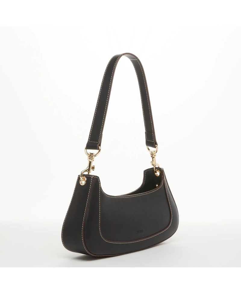 Susu Leather Baguette Bag Small 90s Shoulder Bag Black East West Handbag Y2K Underarm Minimalist Small Purse for Everyday & Evening