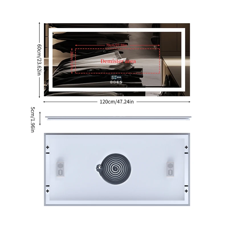 Luvodi 47 x 23 In Large Bluetooth Led Bathroom Mirror Smart Wall Vanity Mirror Anti-Fog