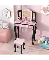 2-in-1 Princess Dressing Table Writing Desk with Cute Leopard Print and 3 Makeup Accessories Fun Vanity Set for Kids