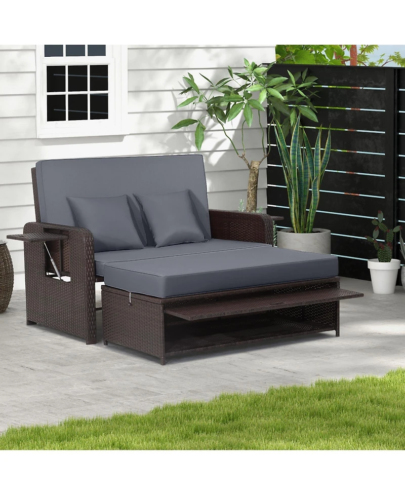 Patio Rattan Daybed with 4-Level Adjustable Backrest and Retractable Side Tray