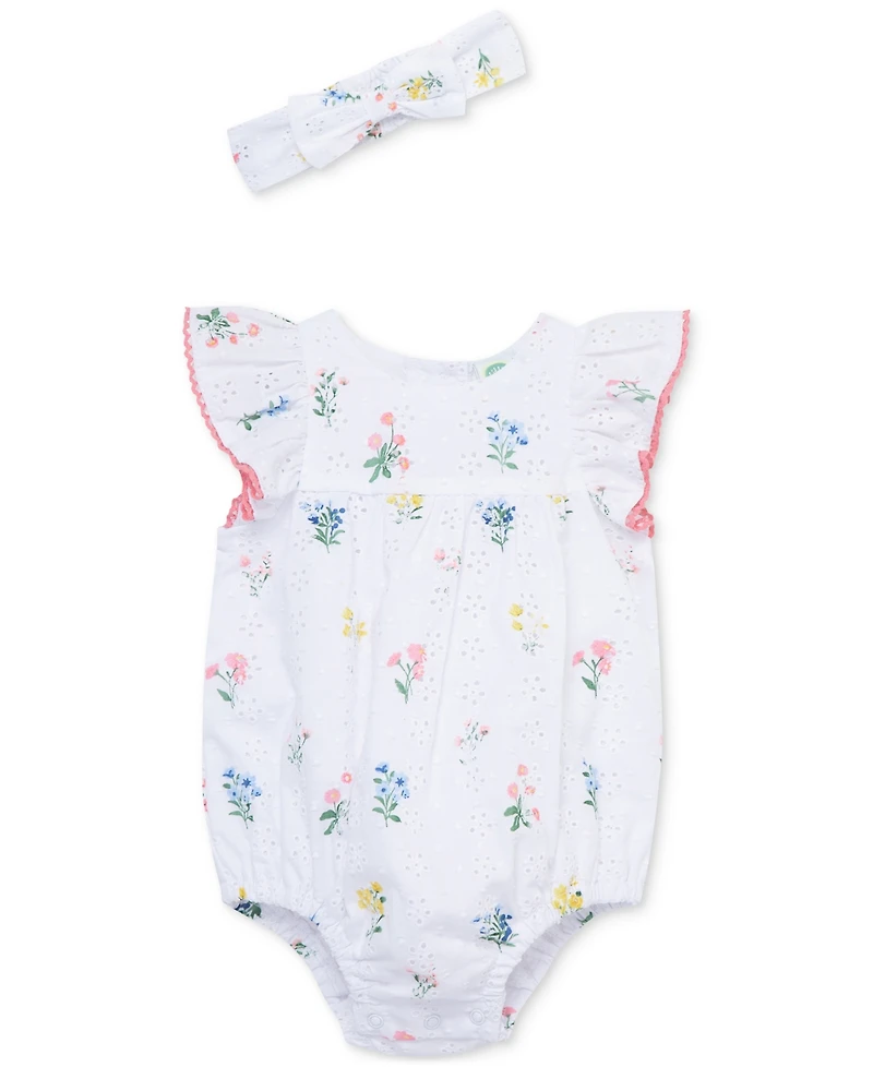 Little Me Baby Girls Cotton Eyelet Floral Bubble Romper & Headband, 2 Piece Set