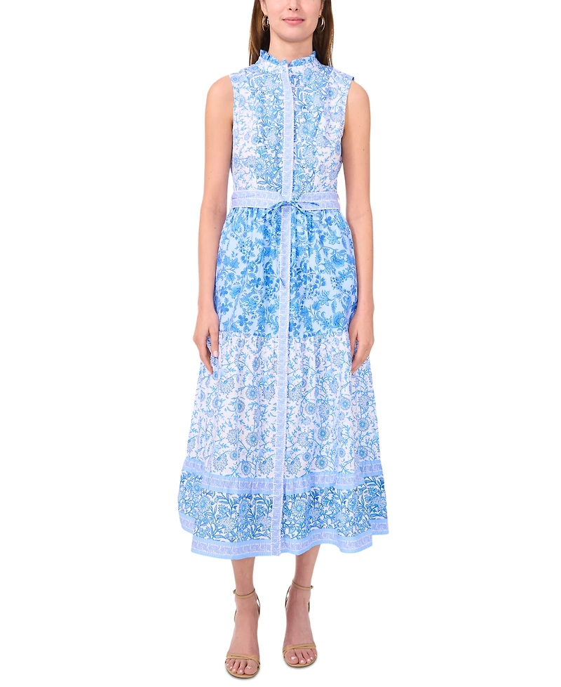 Msk Petite Printed Ruffle-Neck Button-Front Maxi Dress