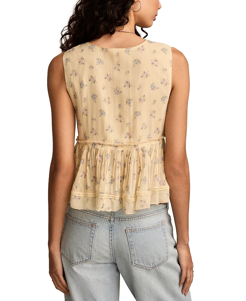 Lucky Brand Women's Printed Ruched Ruffled V-Neck Top