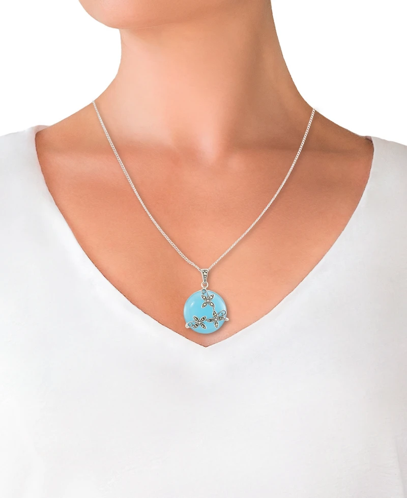 Blue Agate & Marcasite Flower Disc 18" Pendant Necklace in Sterling Silver