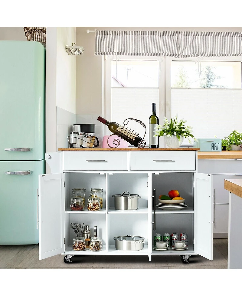 Rolling Kitchen Trolley Cart with Wood Countertop and Storage Cabinet