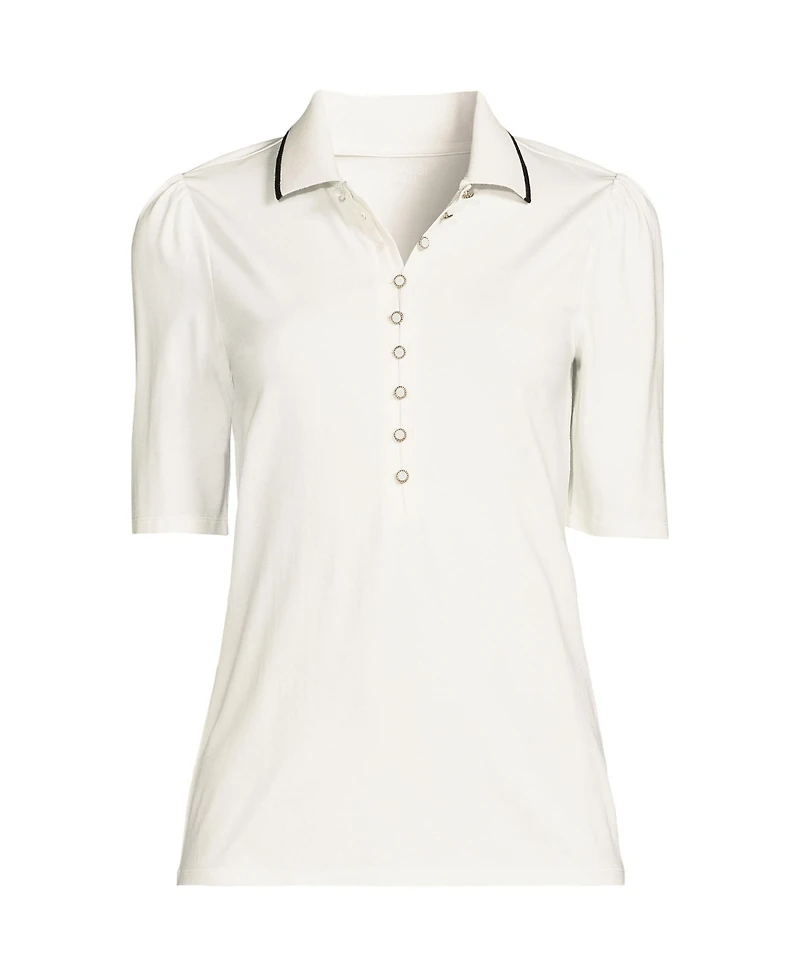 Lands' End Women's Elbow Sleeve Lightweight Jersey Embellished Polo
