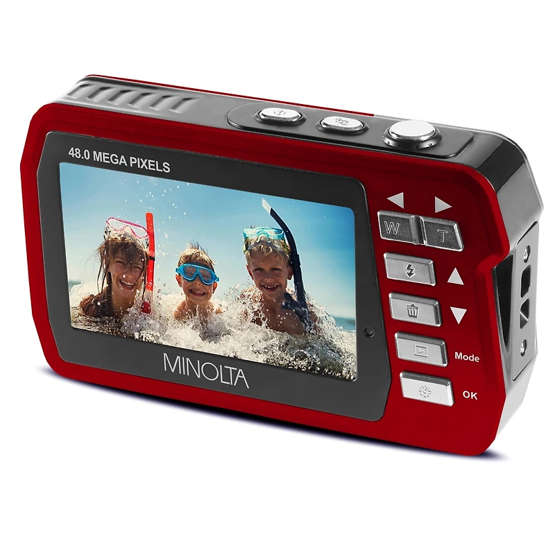 Minolta MN40WP 48MP Qhd Dual Lcd Screen Waterproof Camera, Red