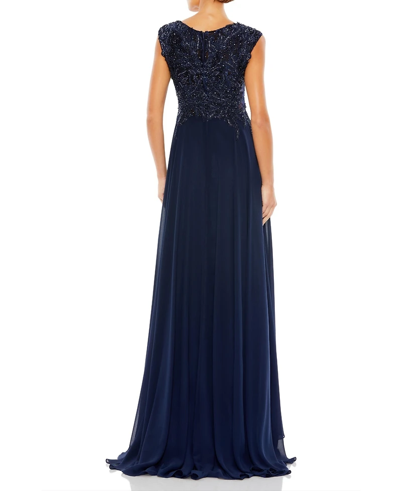 Mac Duggal Women's Appliqued Cap Sleeve Bodice Flowy Gown