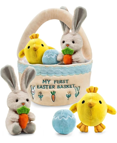 Sperric Easter Baby Plush Playset with Easter Basket, Bunny Holding Carrot, Easter Egg, and Squeaky Chicken, Sensory and Decorative Toys for Babies &