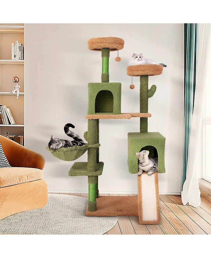 Gymax 63'' Cactus Cat Tree for Indoor Cats w/Sisal Scratching Posts & Ladder Basket Bed