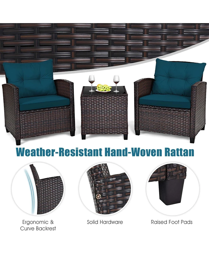 Gymax Set of 3 Rattan Furniture Patio Cushioned Conversation Sofa