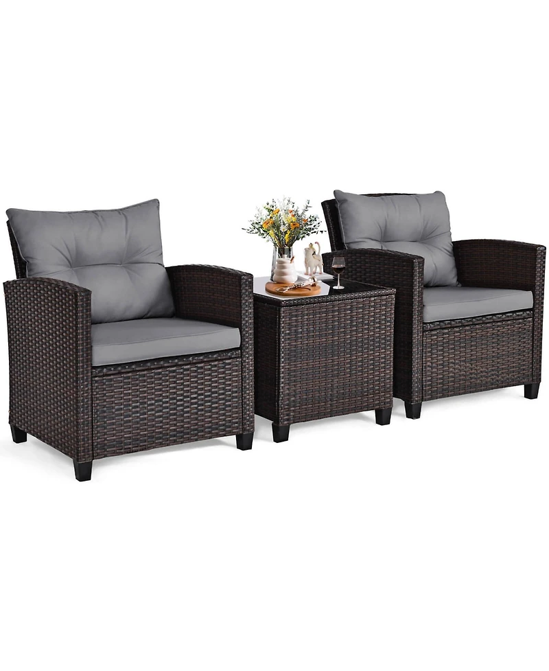 Gymax Set of 3 Rattan Furniture Patio Cushioned Conversation Sofa