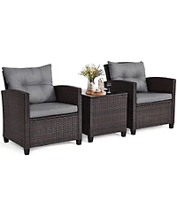 Gymax Set of 3 Rattan Furniture Patio Cushioned Conversation Sofa