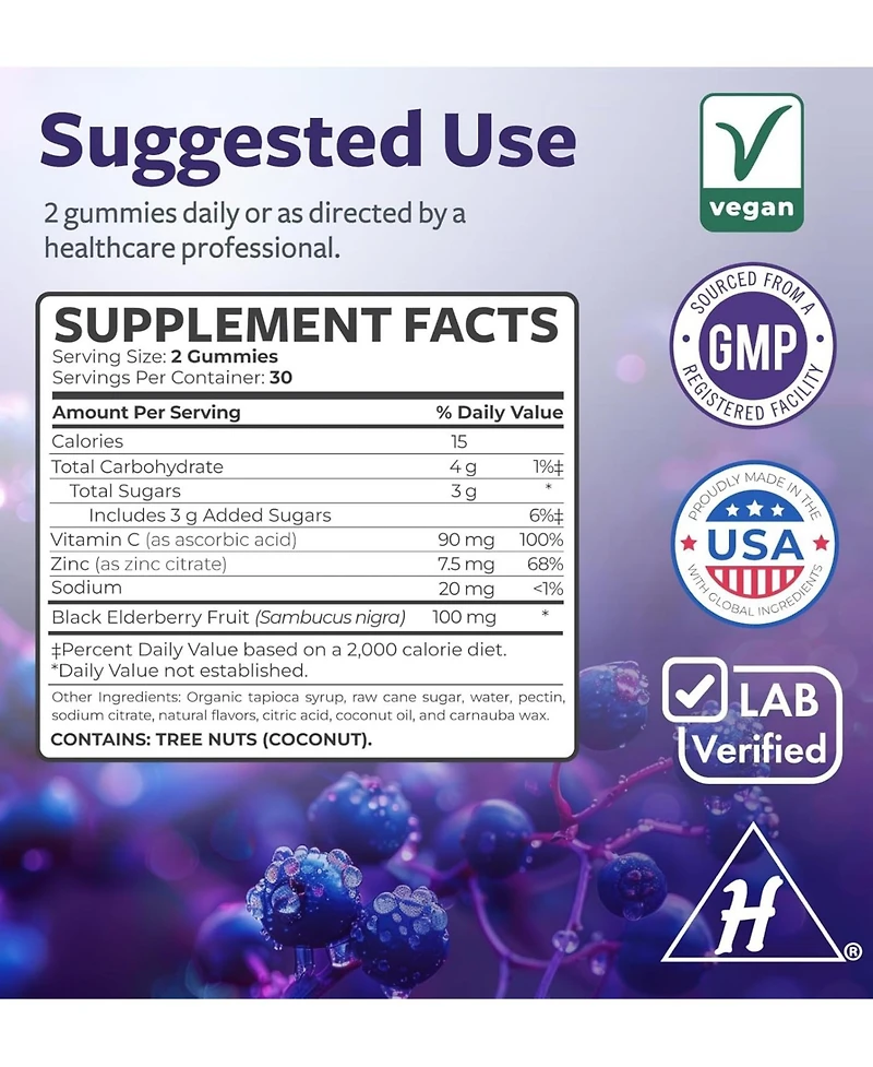 Elderberry Gummies with Vitamin C & Zinc, Immune Support Supplement for Adults, Raspberry Flavor, Health's Harmony, 60ct