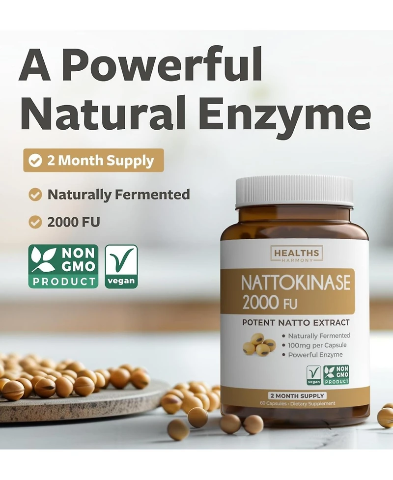 Nattokinase 2000 Fu (Non-gmo), Powerful Nattokinase Supplement Made from Naturally Fermented Soybeans for Heart Health Support, Healths Harmony