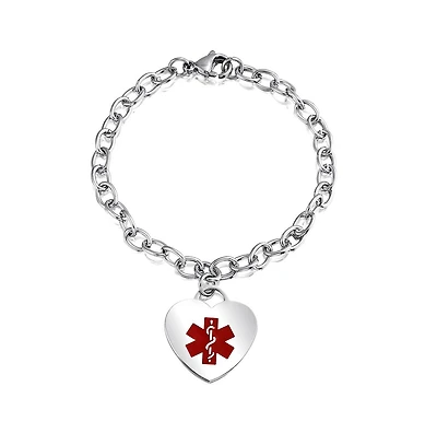 Bling Jewelry Link Chain Red Medical Id Bracelet with Heart Tag Silver Tone 7-7.5 Inch