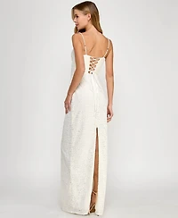 Seni & Cade Juniors' Back-Slit Lace Gown