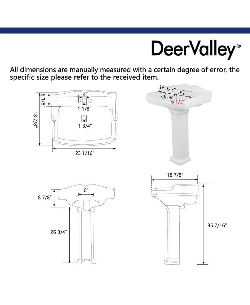 DeerValley 35.5" Tall Rectangular Vitreous China Pedestal Bathroom Sink with Overflow