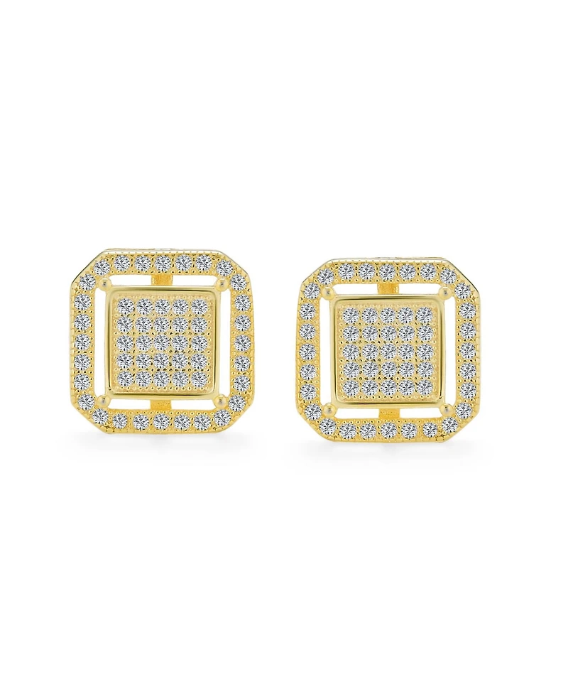Bling Jewelry Geometric Cz Stud Earrings: Flat Square Box Frame, 14K Gold, Sterling Silver, 12MM