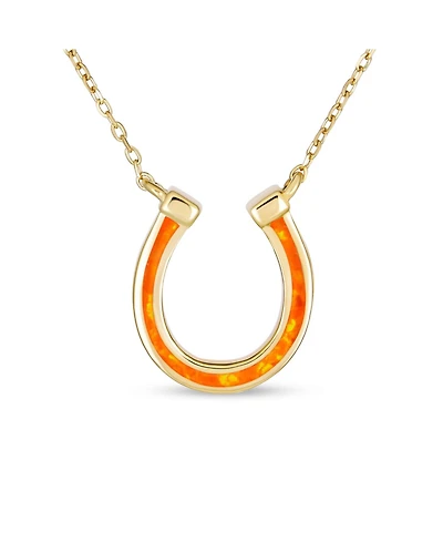 Bling Jewelry Delicate White or Orange Fire Created Opal Equestrian Good Luck Charm Horseshoe Necklace Pendant .925 Sterling Silver