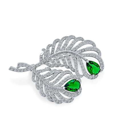 Bling Jewelry Classic Brooch Pin with Cz Peacock Feather and Green Cz Teardrop Shape