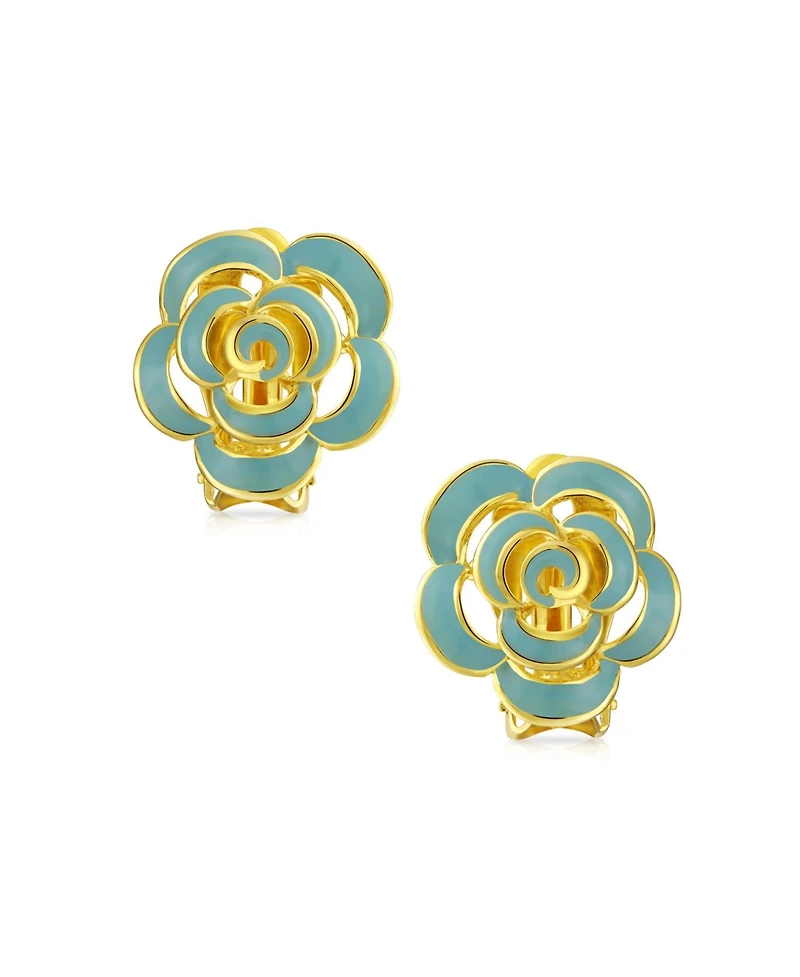 Bling Jewelry Fashion Enamel 3D Rose Flower Clip On Earrings Button Style For Non-Pierced Ears Gold Plated