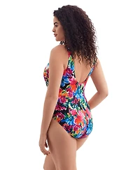 Longitude by Mimi Flamingo Women's Blooming Bouquet Twist Drape Tank One Piece Swimsuit