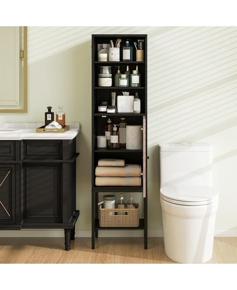 57 Inch Bathroom Tall Cabinet with 1 Door and 4 Shelves Narrow Storage Unit