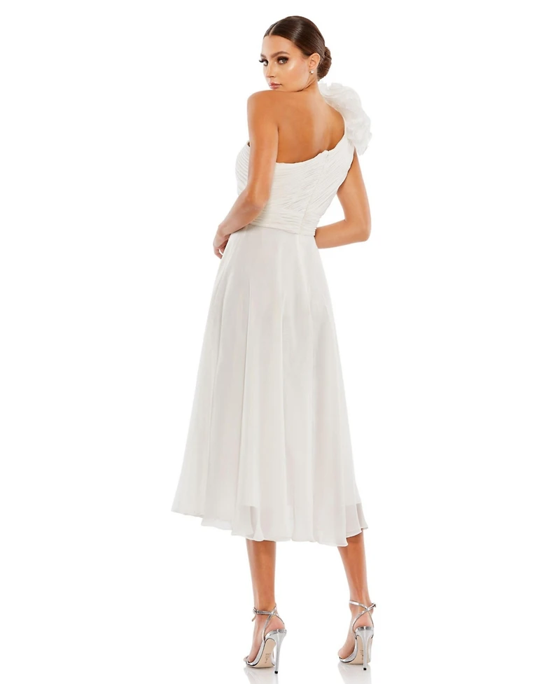 Mac Duggal Women's Rosette One Shoulder Tea Length Dress