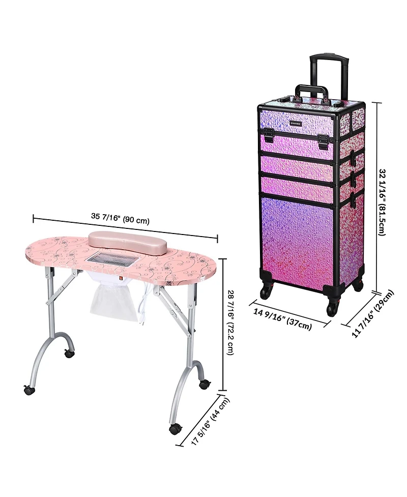 Byootique Folding Manicure Nail Table 4in1 Rolling Makeup Case Mermaid Pink