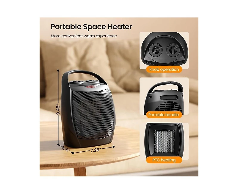 Kismile Small Electric Space Heater Ceramic Heater,Portable Fan for Office with Adjustable Thermostat and Overheat Protection Etl Listed
