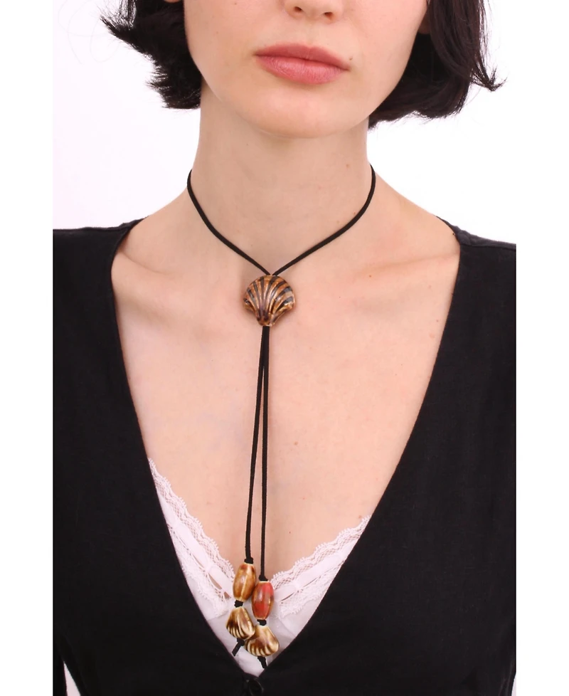 Black Suede Cord Necklace With Ceramic Seashell Tie Charm