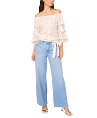 Vince Camuto Women's Printed Linen-Blend Off-The-Shoulder Bubble 3/4-Sleeve Tie-Front Blouse