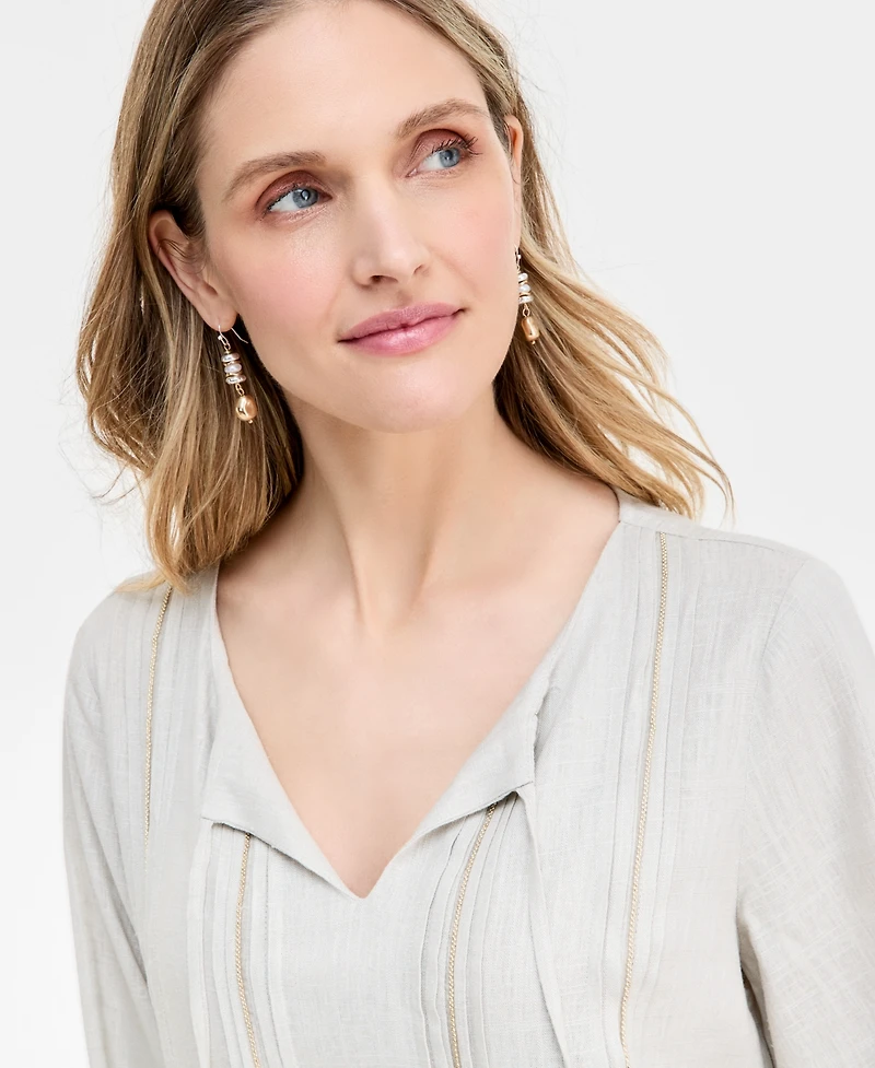 Jm Collection Women's Linen Blend Embroidered Pintuck Top, Exclusively at Macy's