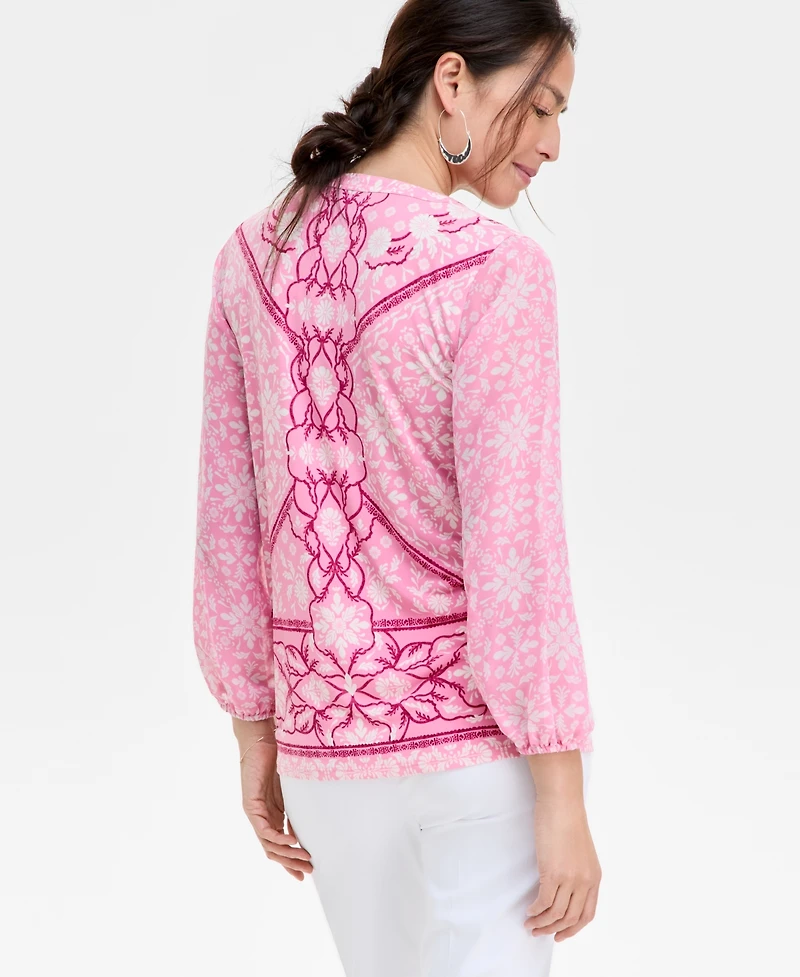 Jm Collection Women's Printed Chiffon Sleeve Rhinestone Split-Neck Top, Exclusively at Macy's