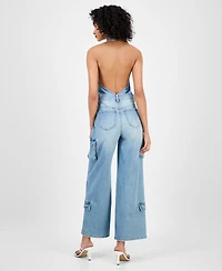 Bariii Women's Denim Halter Cargo-Pocket Jumpsuit