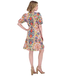 Vince Camuto Women's Printed Cotton Ruffle-Neck Tie-Waist Dress