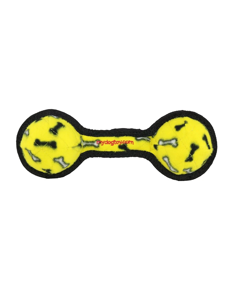Tuffy Jr 2 Ball Tug Yellow Bone, Durable Squeaky Dog Toy