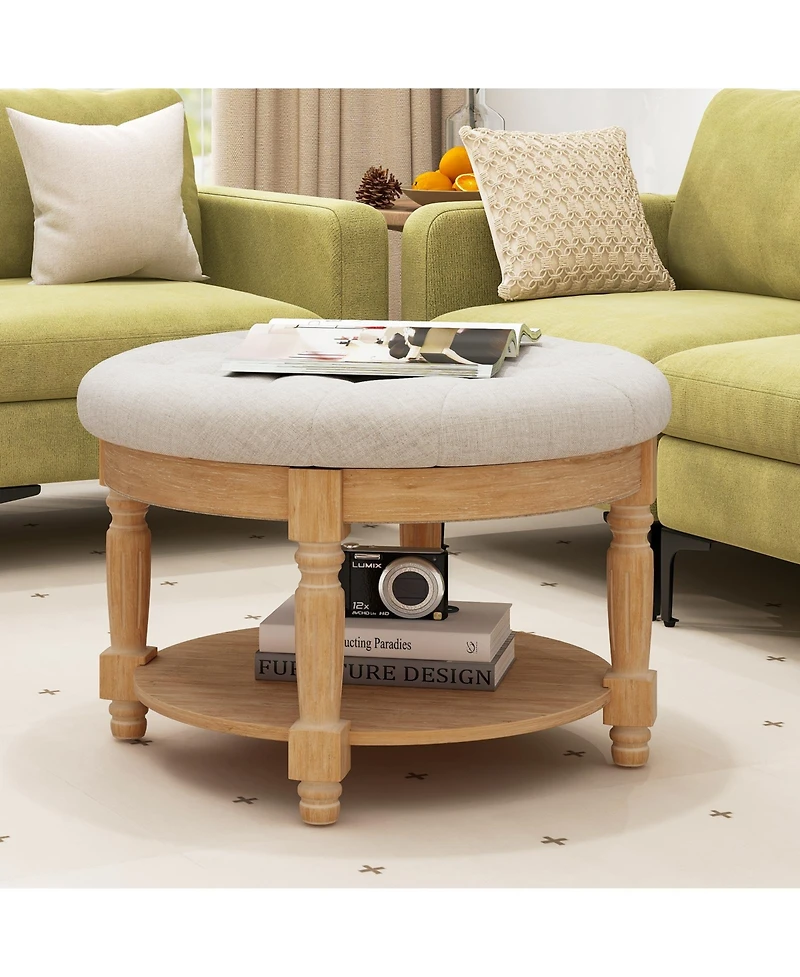 Large Round Ottoman Coffee Table 2-Tier Upholstered Tufted Footrest Ottoman with Flip-up Top