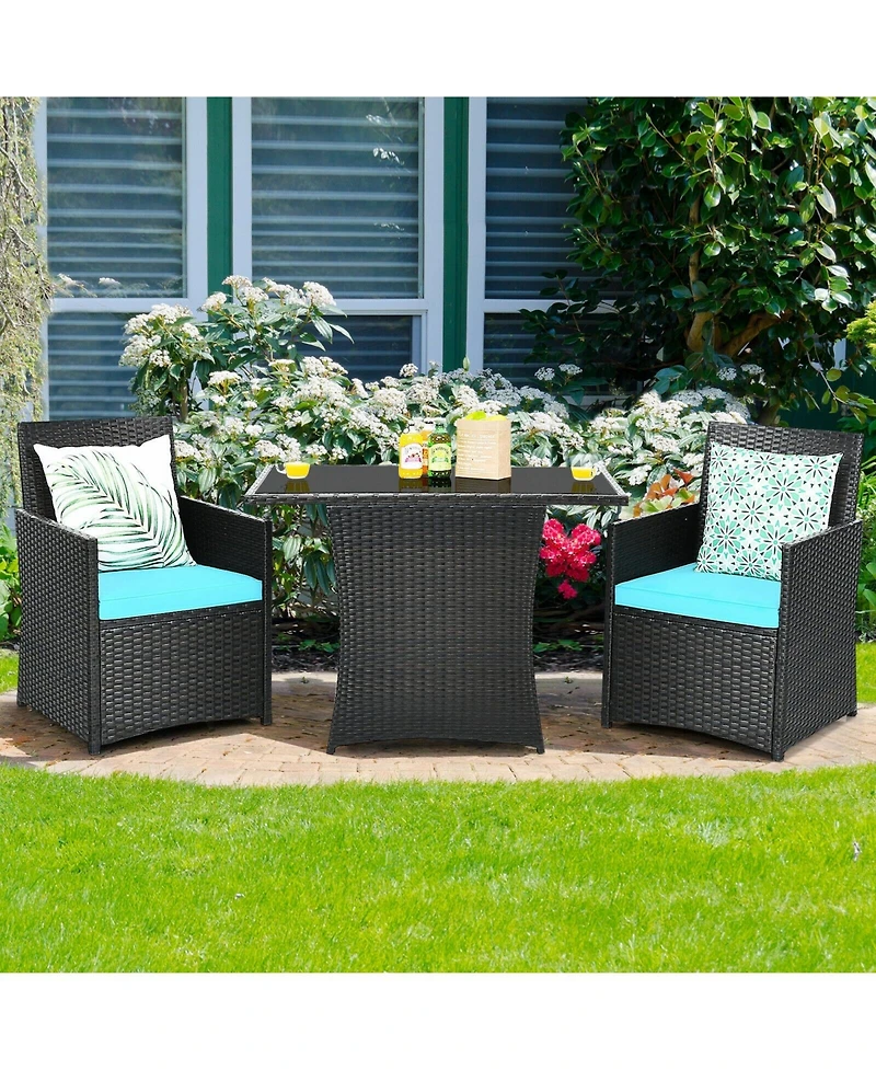 3 Pieces Patio Rattan Furniture Set with Cushion and Sofa Armrest