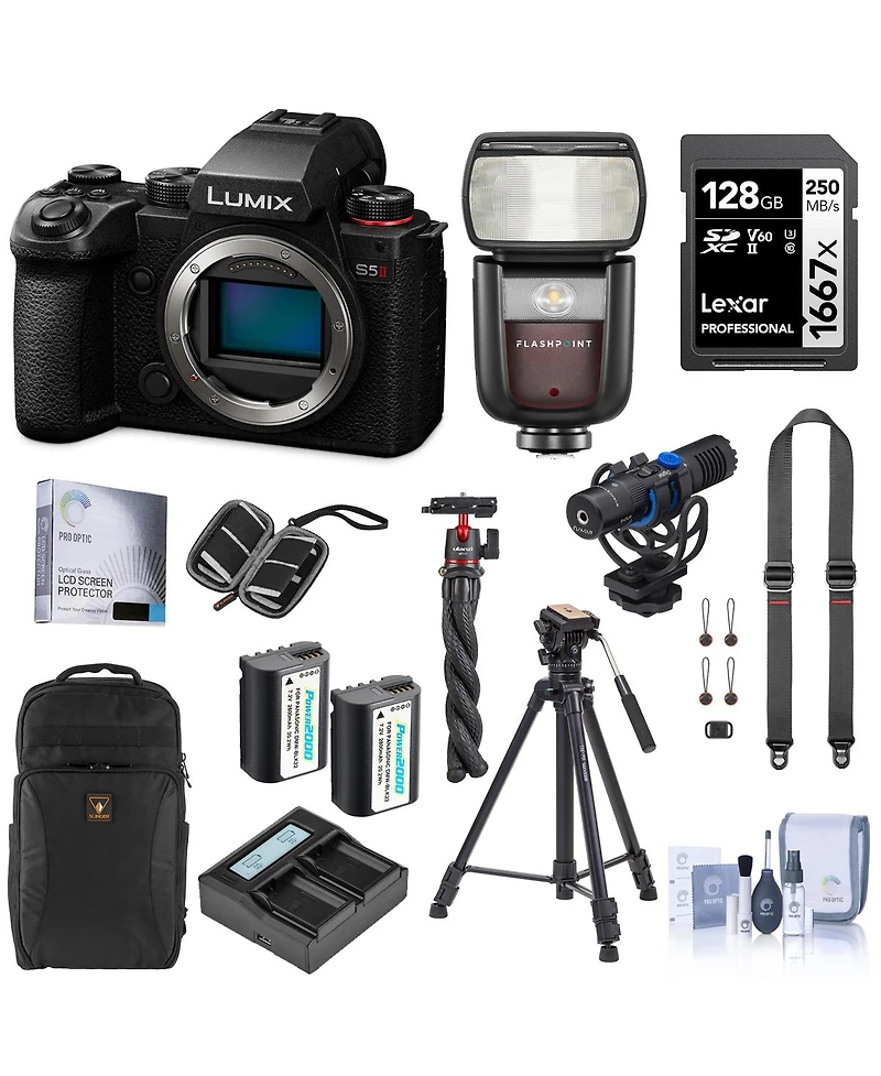 Panasonic Lumix S5II Mirrorless Camera, Bundle with Zoom Li-on Iii R2 Ttl Flash, Shotgun Mic, Video Tripod, 128GB Memory Card