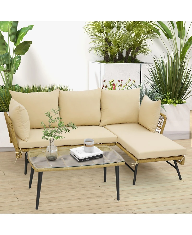 3 Pieces L-Shaped Patio Sofa with Cushions and Tempered Glass Table