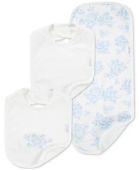Little Me Baby Girls Blue Roses Cotton Burp Cloth & Bibs, 3 Piece Set