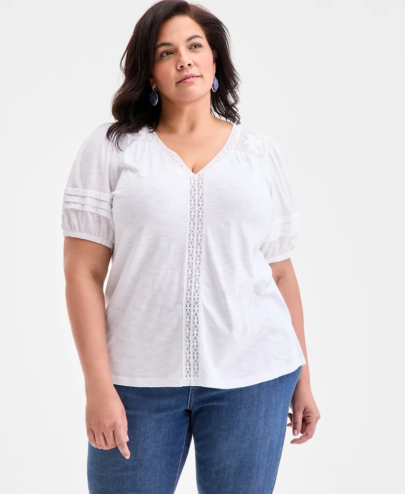 Style & Co Plus V-Neck Short-Sleeve Contrast-Trim Top, Exclusively at Macy's